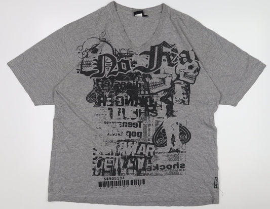 No Fear Men's Grey V-Neck Graphic Skull Print T-Shirt Size L