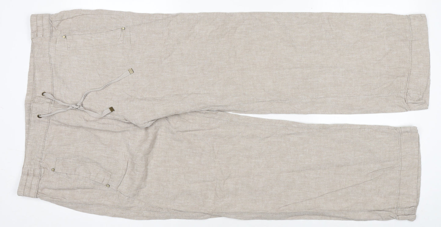 George Women's Beige Linen Blend Wide Leg Drawstring Trousers Size 14