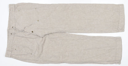 George Women's Beige Linen Blend Wide Leg Drawstring Trousers Size 14