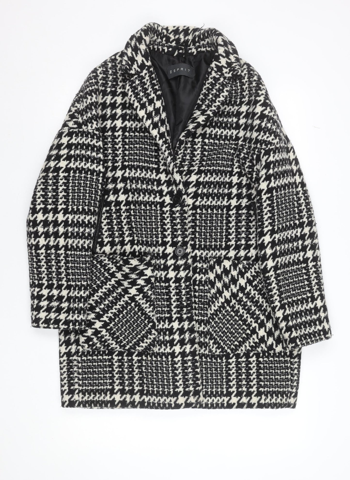 Esprit Women's Black Houndstooth Wool Blend Mid-Length Overcoat UK 14