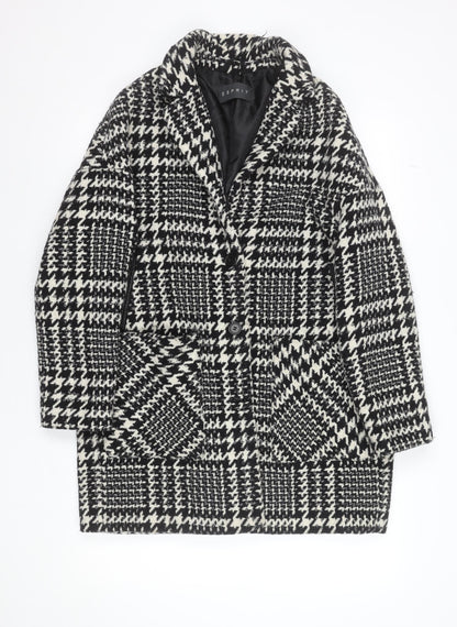 Esprit Women's Black Houndstooth Wool Blend Mid-Length Overcoat UK 14