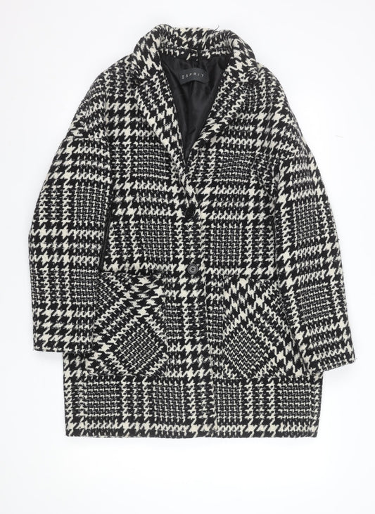 Esprit Women's Black Houndstooth Wool Blend Mid-Length Overcoat UK 14