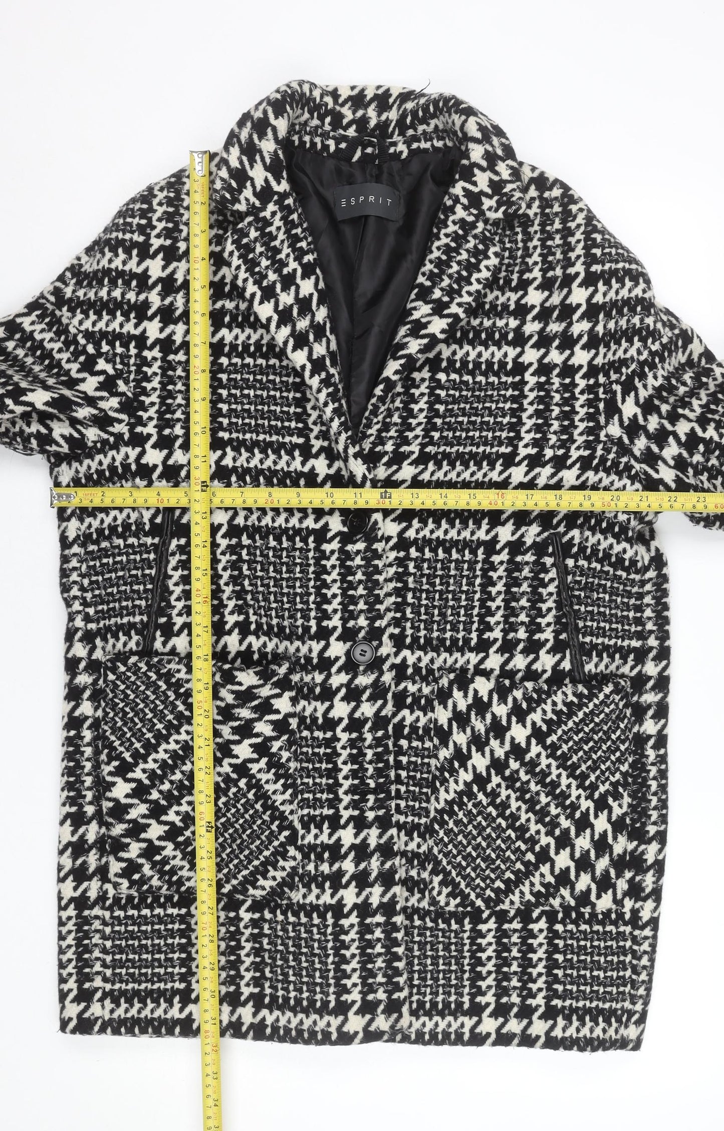 Esprit Women's Black Houndstooth Wool Blend Mid-Length Overcoat UK 14