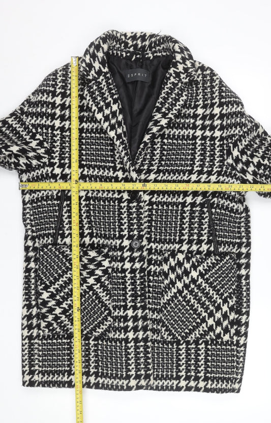 Esprit Women's Black Houndstooth Wool Blend Mid-Length Overcoat UK 14