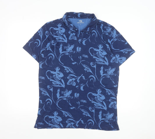 Dunnes Stores Men's Blue Floral Cotton Short Sleeve Polo Shirt L