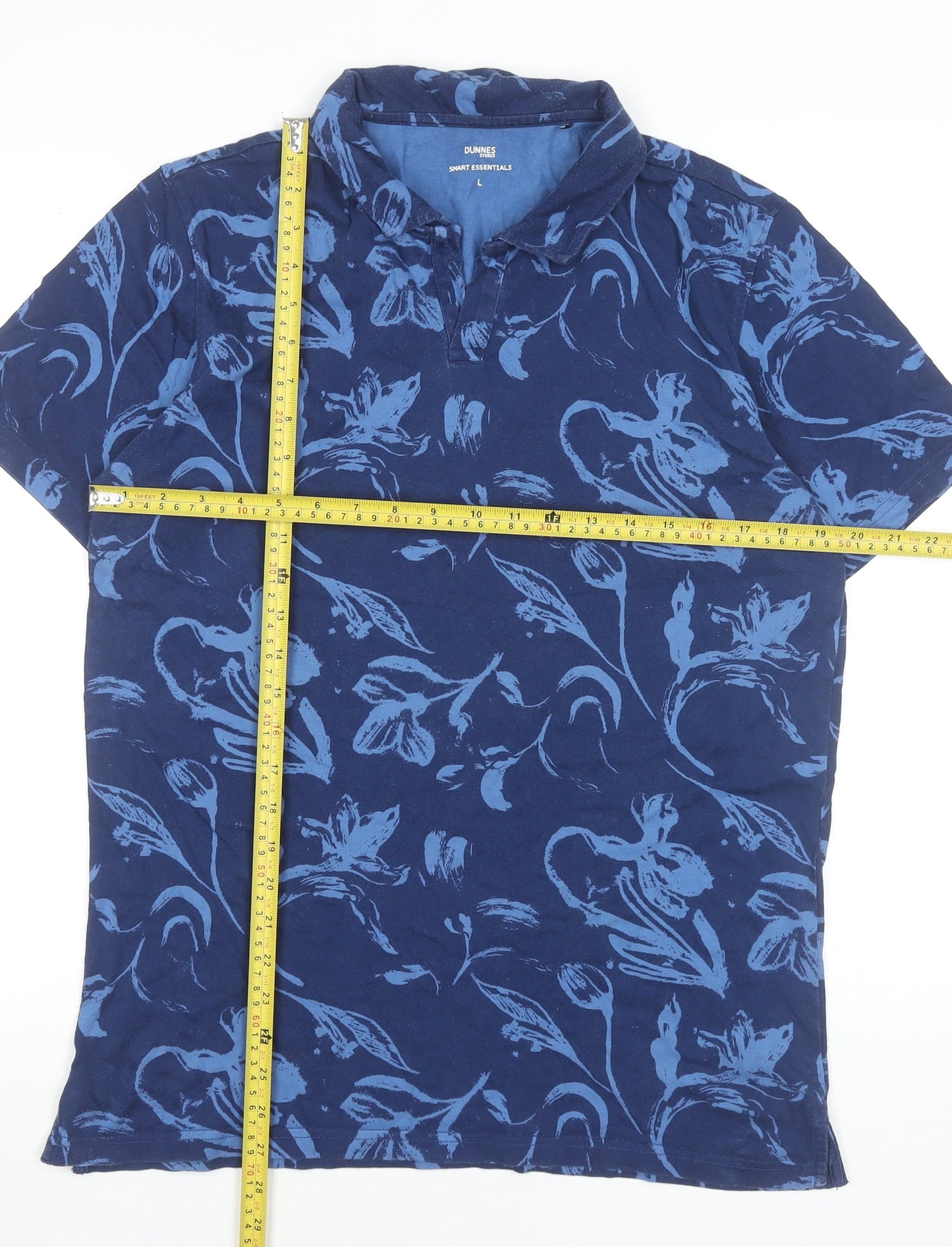 Dunnes Stores Men's Blue Floral Cotton Short Sleeve Polo Shirt L