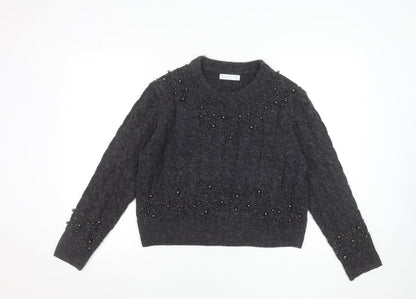 Primark Women Grey Beaded Cable-Knit Crew Neck Jumper Size M
