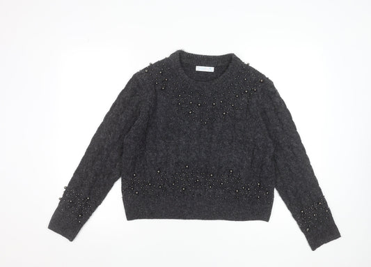 Primark Women Grey Beaded Cable-Knit Crew Neck Jumper Size M