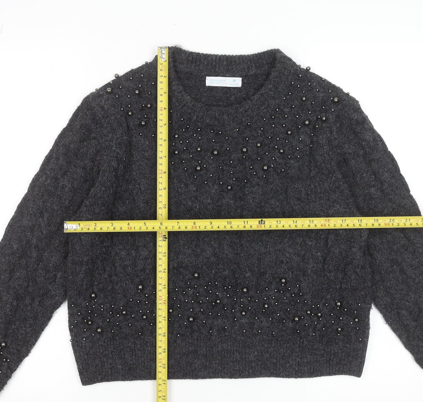 Primark Women Grey Beaded Cable-Knit Crew Neck Jumper Size M