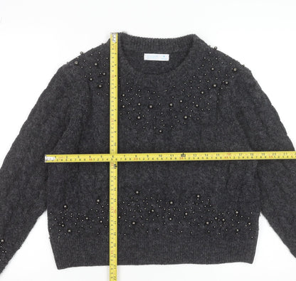 Primark Women Grey Beaded Cable-Knit Crew Neck Jumper Size M