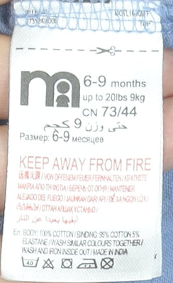 Mothercare Baby Blue Elephant T-Shirt 6-9 Months 100% Cotton Short Sleeve