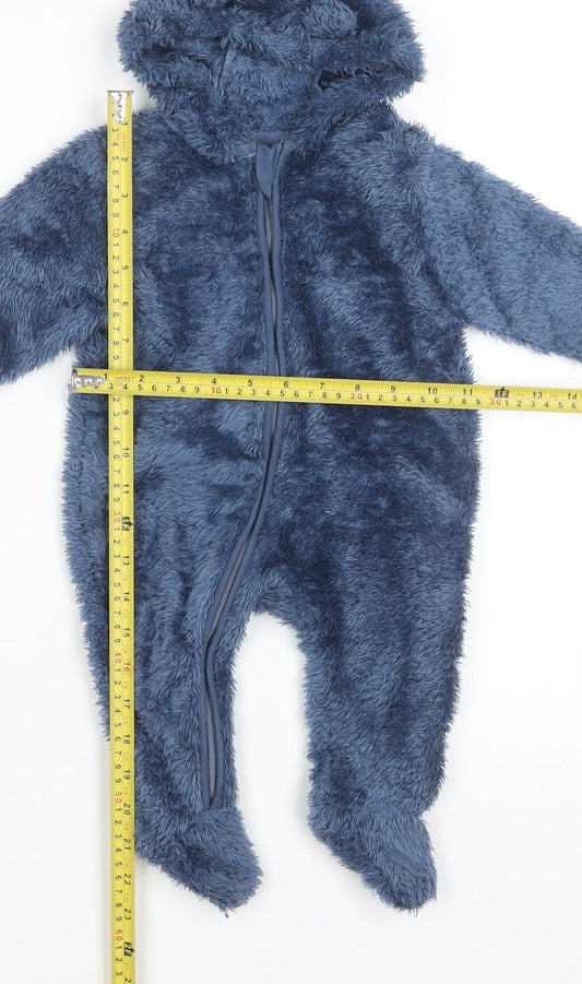 John Lewis Anyday Blue Fleece Hooded One Piece Suit 3-6 Months Unisex Baby
