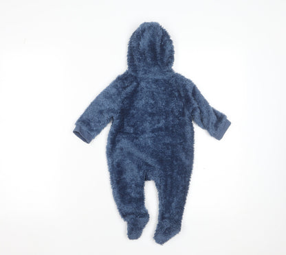 John Lewis Anyday Blue Fleece Hooded One Piece Suit 3-6 Months Unisex Baby