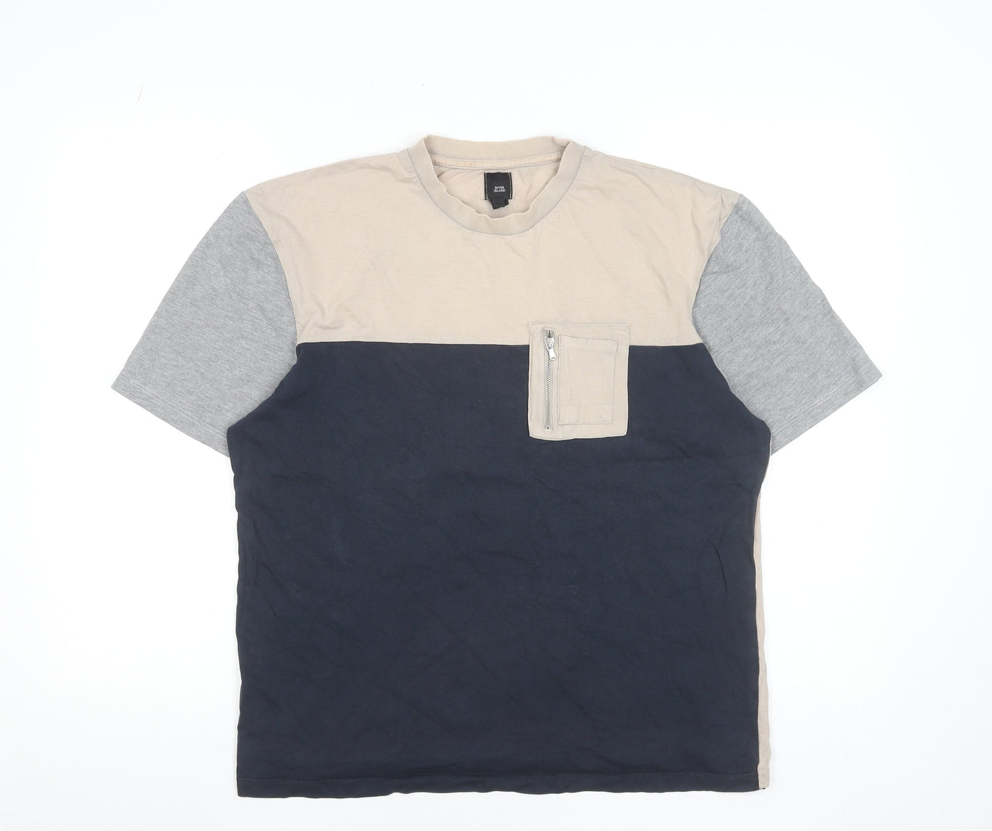 River Island Men's Beige Blue Grey Colourblock Crew Neck Zip Pocket T-Shirt M