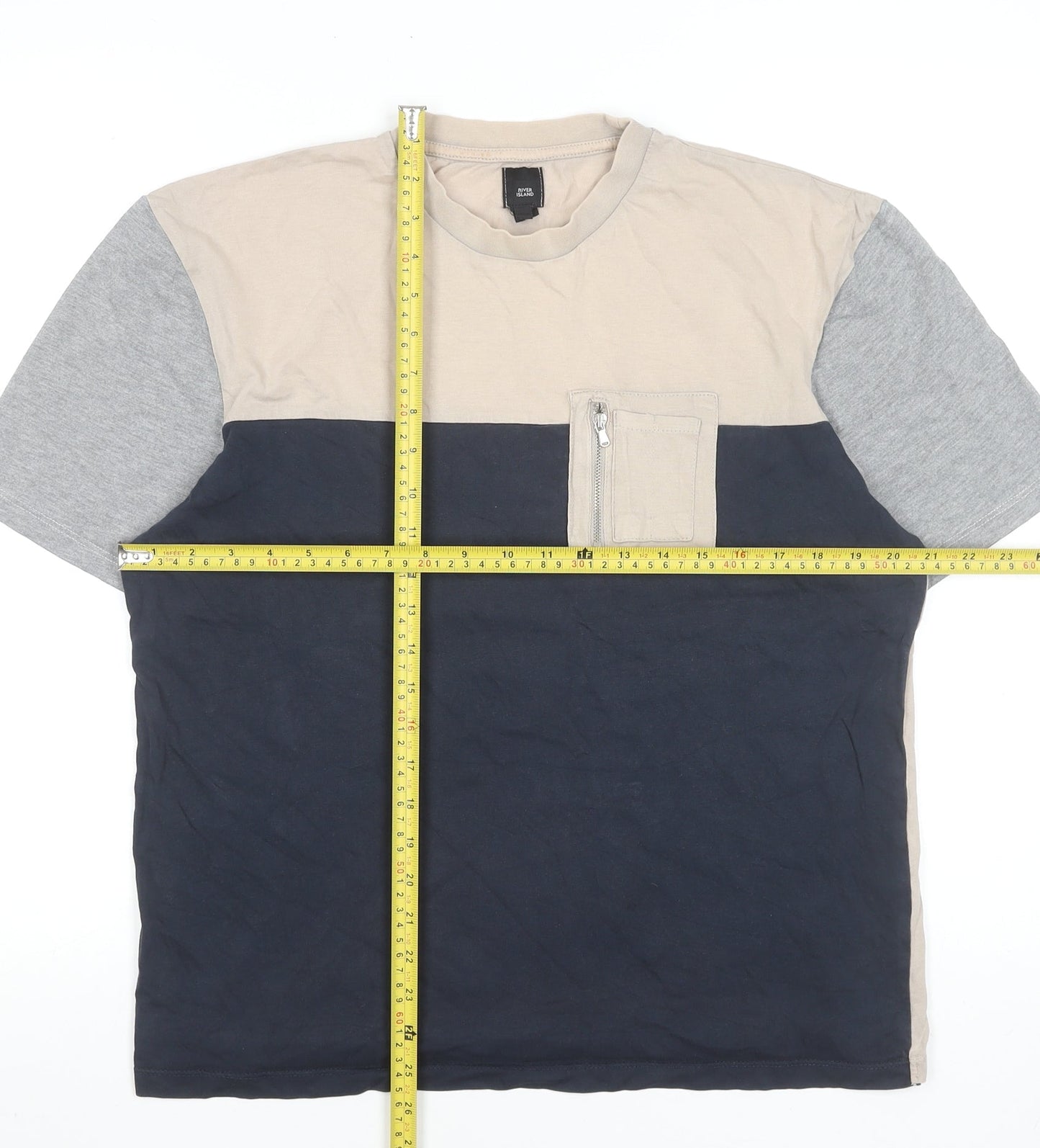River Island Men's Beige Blue Grey Colourblock Crew Neck Zip Pocket T-Shirt M