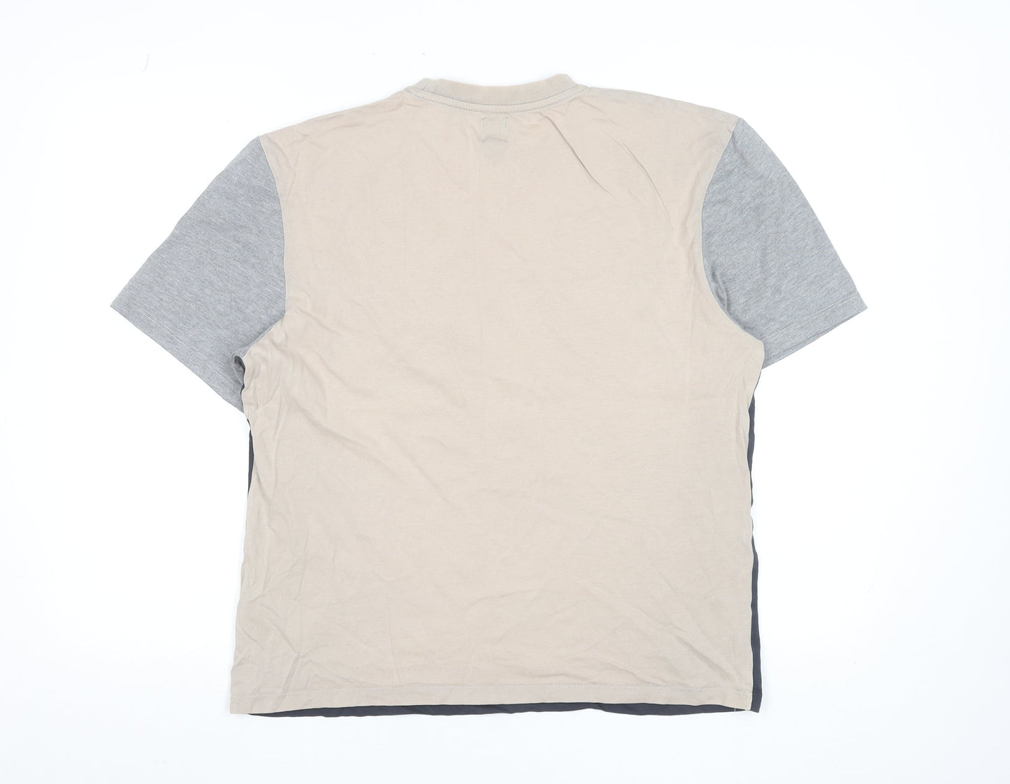 River Island Men's Beige Blue Grey Colourblock Crew Neck Zip Pocket T-Shirt M