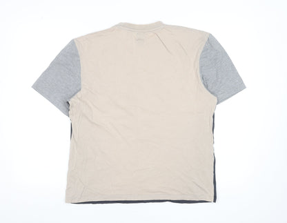 River Island Men's Beige Blue Grey Colourblock Crew Neck Zip Pocket T-Shirt M