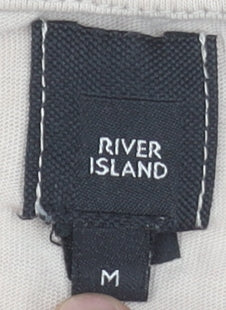 River Island Men's Beige Blue Grey Colourblock Crew Neck Zip Pocket T-Shirt M