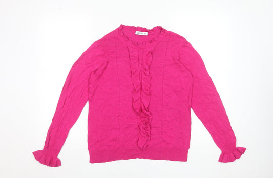 Gallery Women's Pink Ruffle Crew Neck Viscose Jumper Size 14