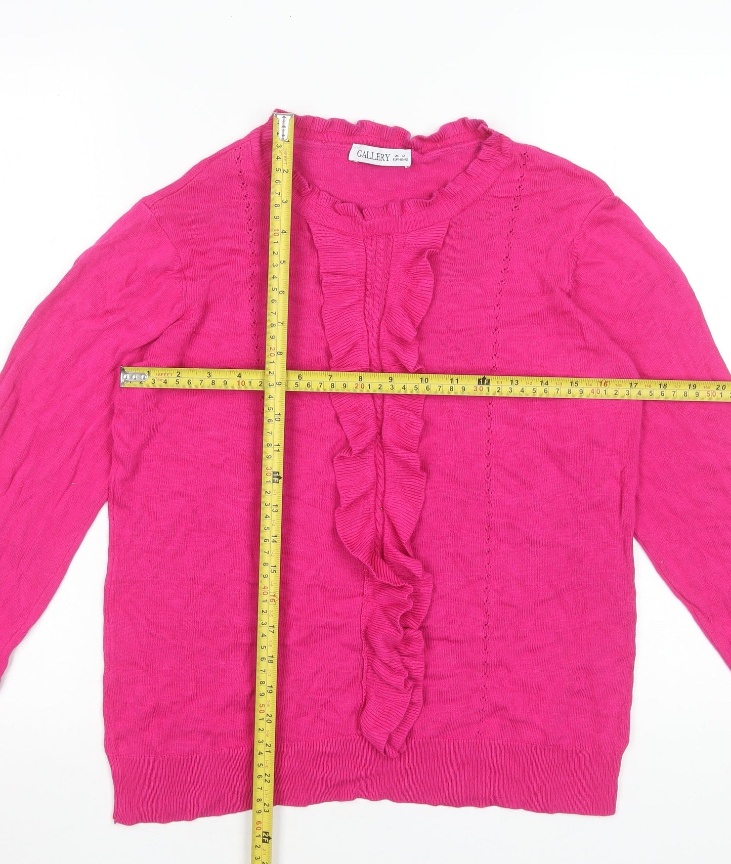 Gallery Women's Pink Ruffle Crew Neck Viscose Jumper Size 14