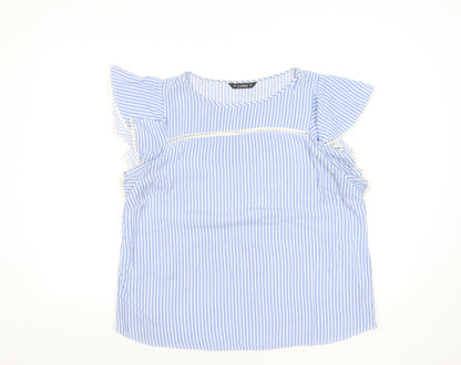 Dunnes Women Blue Striped Ruffle Sleeve Viscose Blouse Size 16