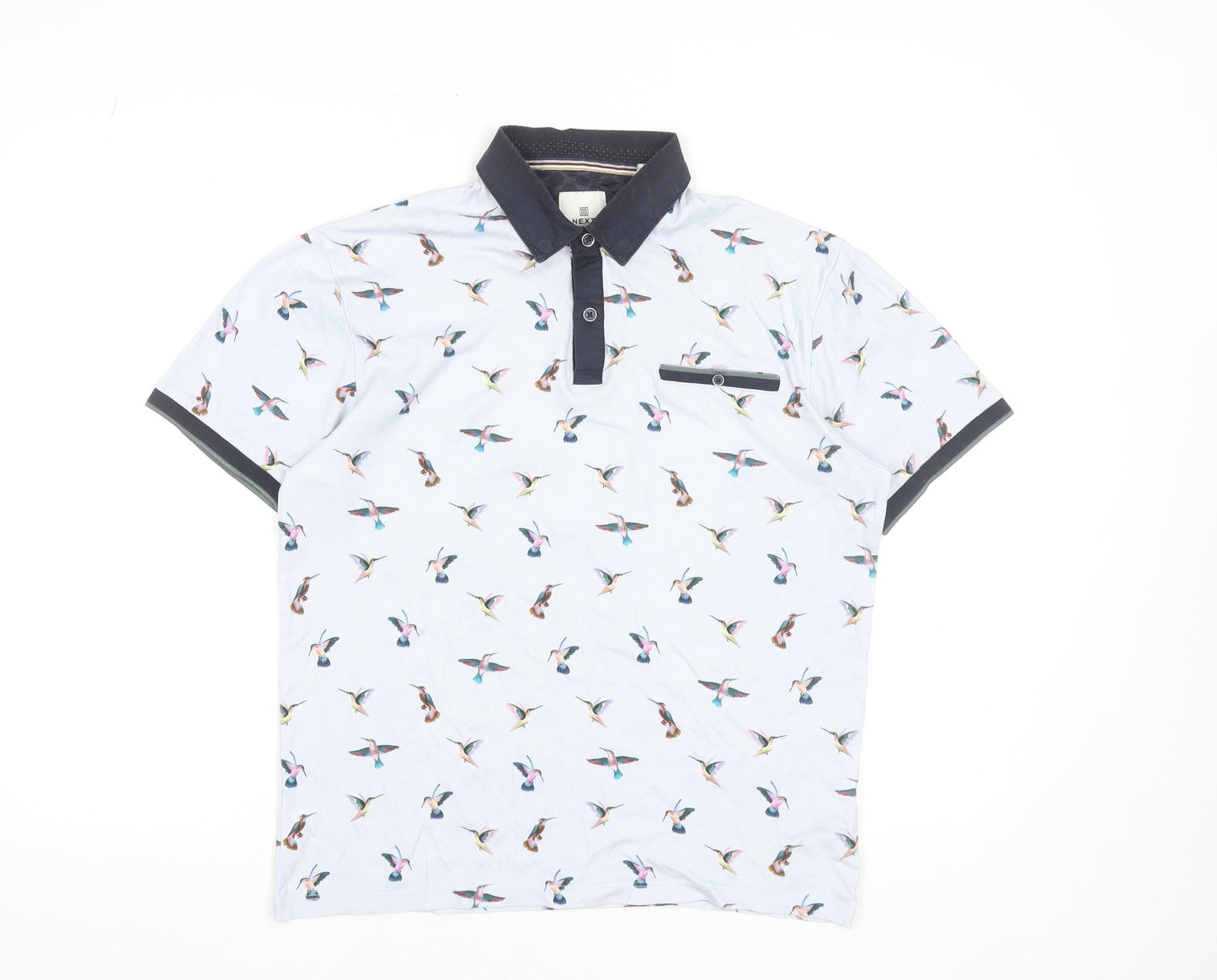 Next Men’s White Bird Print Cotton Short Sleeve Polo Shirt Size S