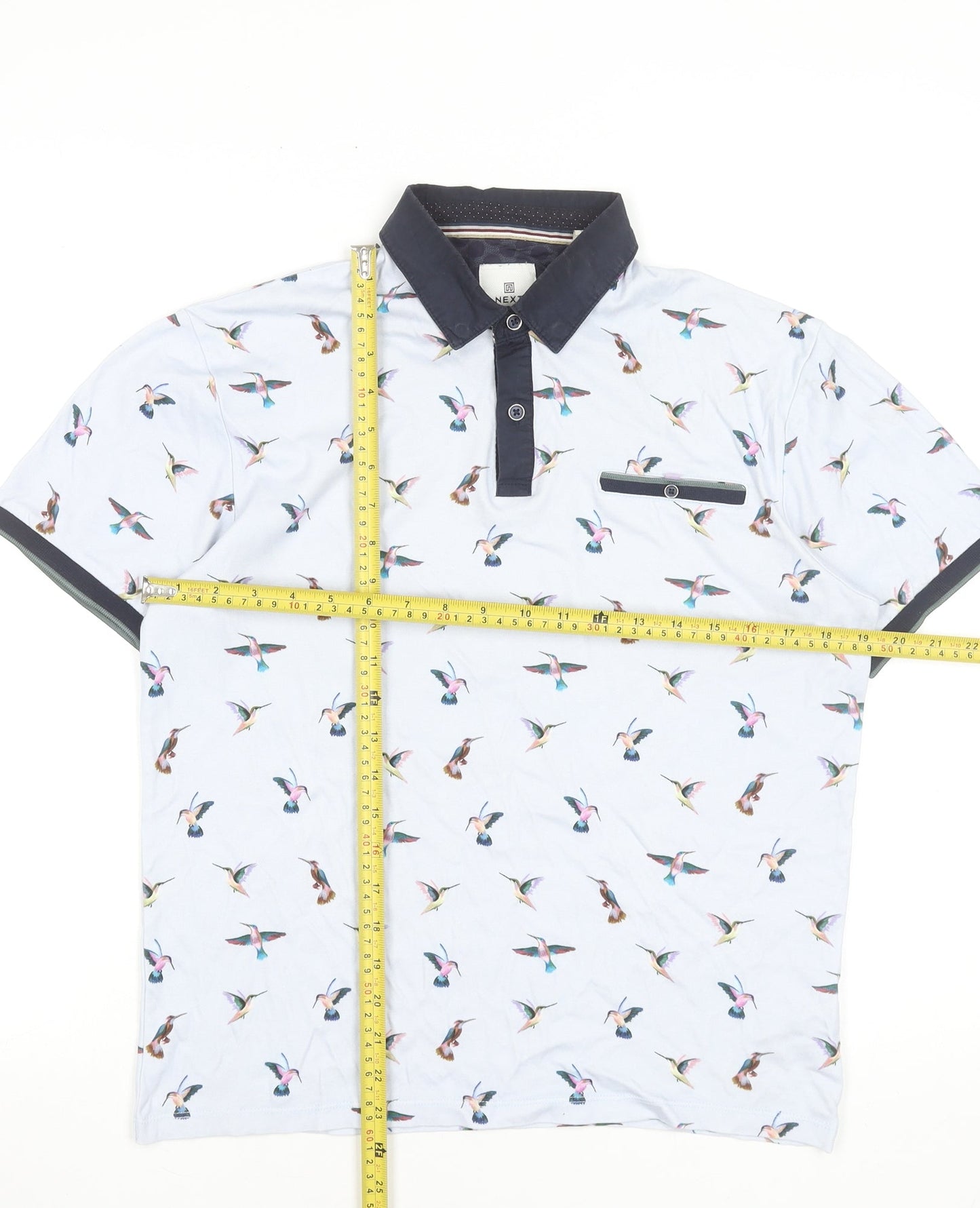 Next Men’s White Bird Print Cotton Short Sleeve Polo Shirt Size S
