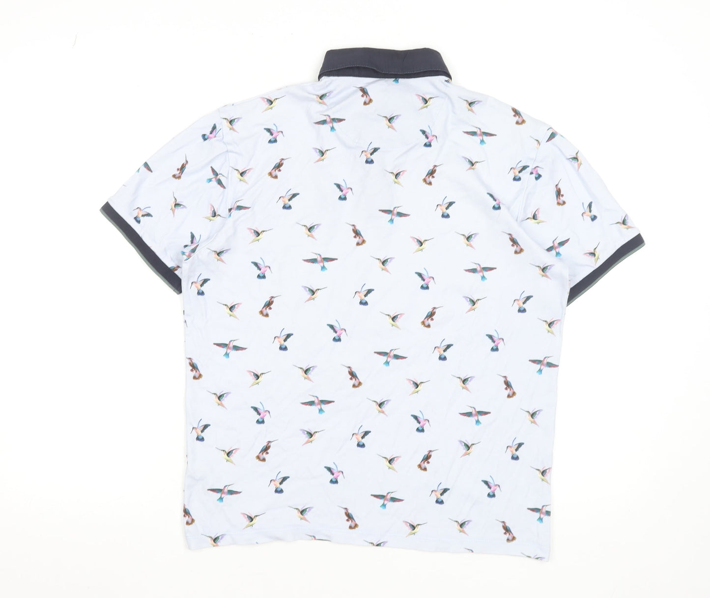 Next Men’s White Bird Print Cotton Short Sleeve Polo Shirt Size S