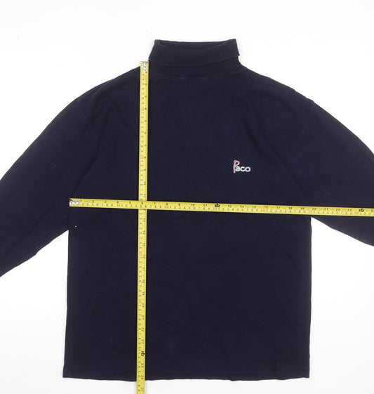 Vintage Paco Men’s Navy Blue Roll Neck Long Sleeve Cotton T-Shirt S