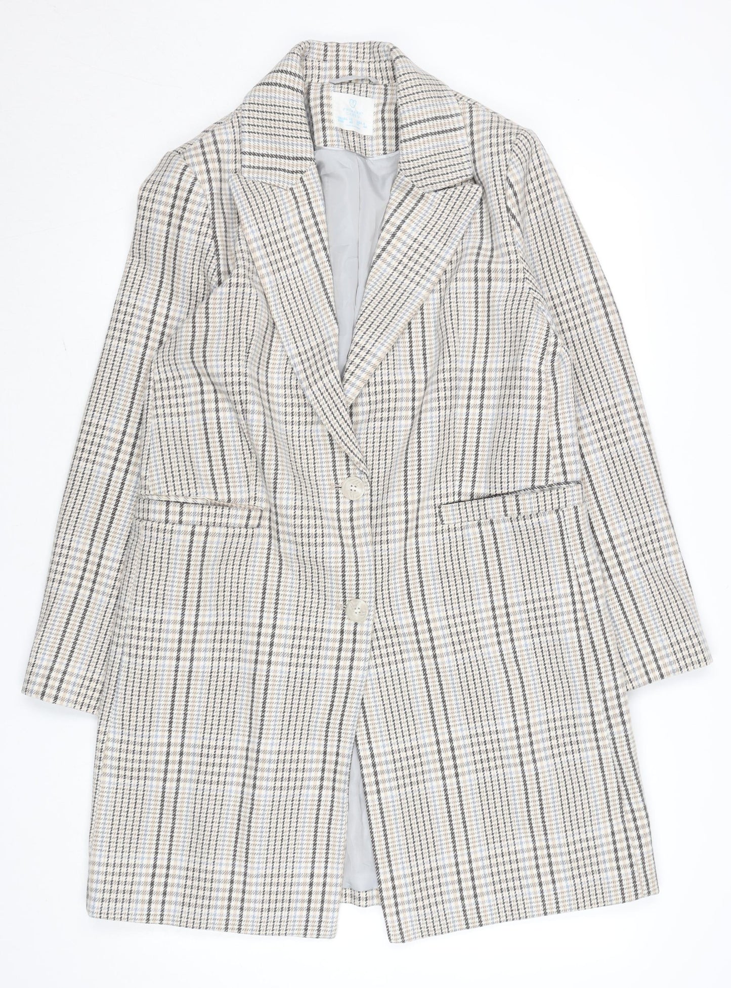 Primark Women Beige Checked Wool Blend Mid-Length Coat Size 12