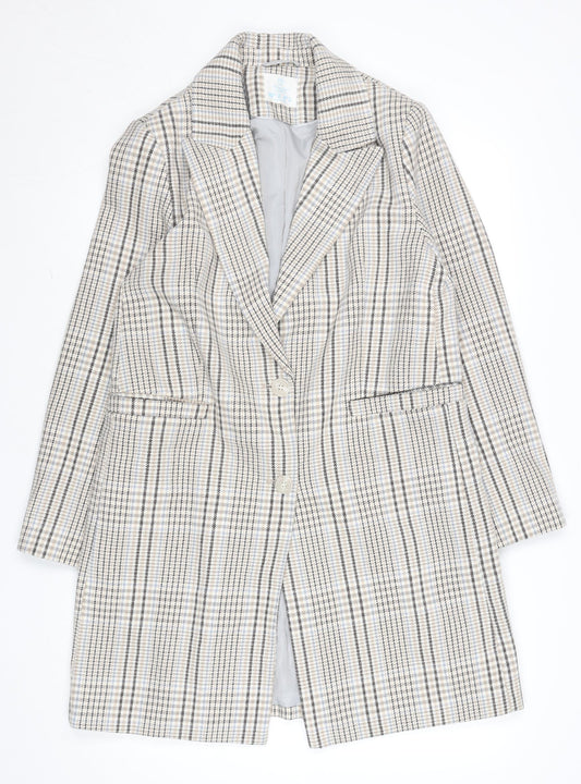 Primark Women Beige Checked Wool Blend Mid-Length Coat Size 12