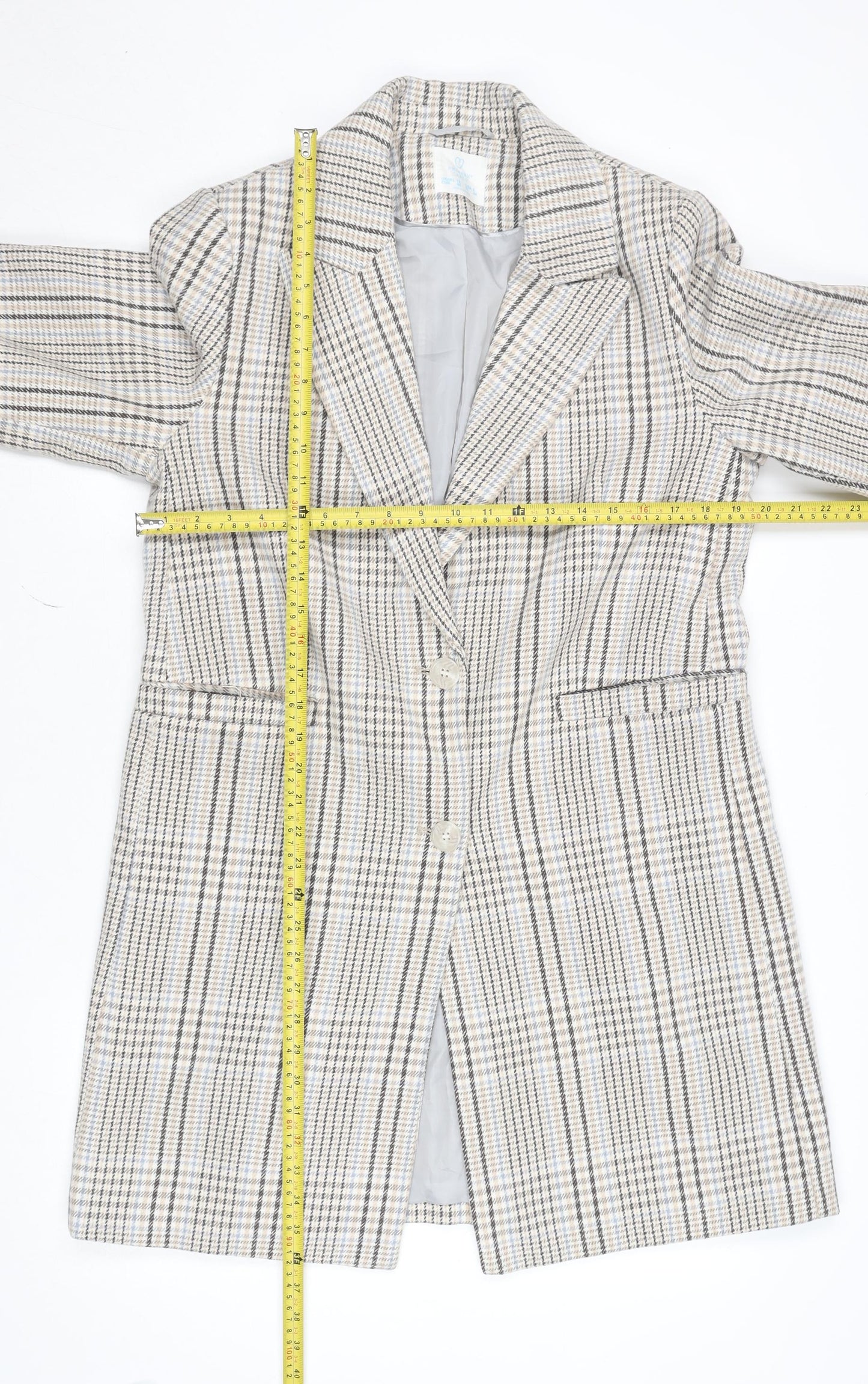 Primark Women Beige Checked Wool Blend Mid-Length Coat Size 12