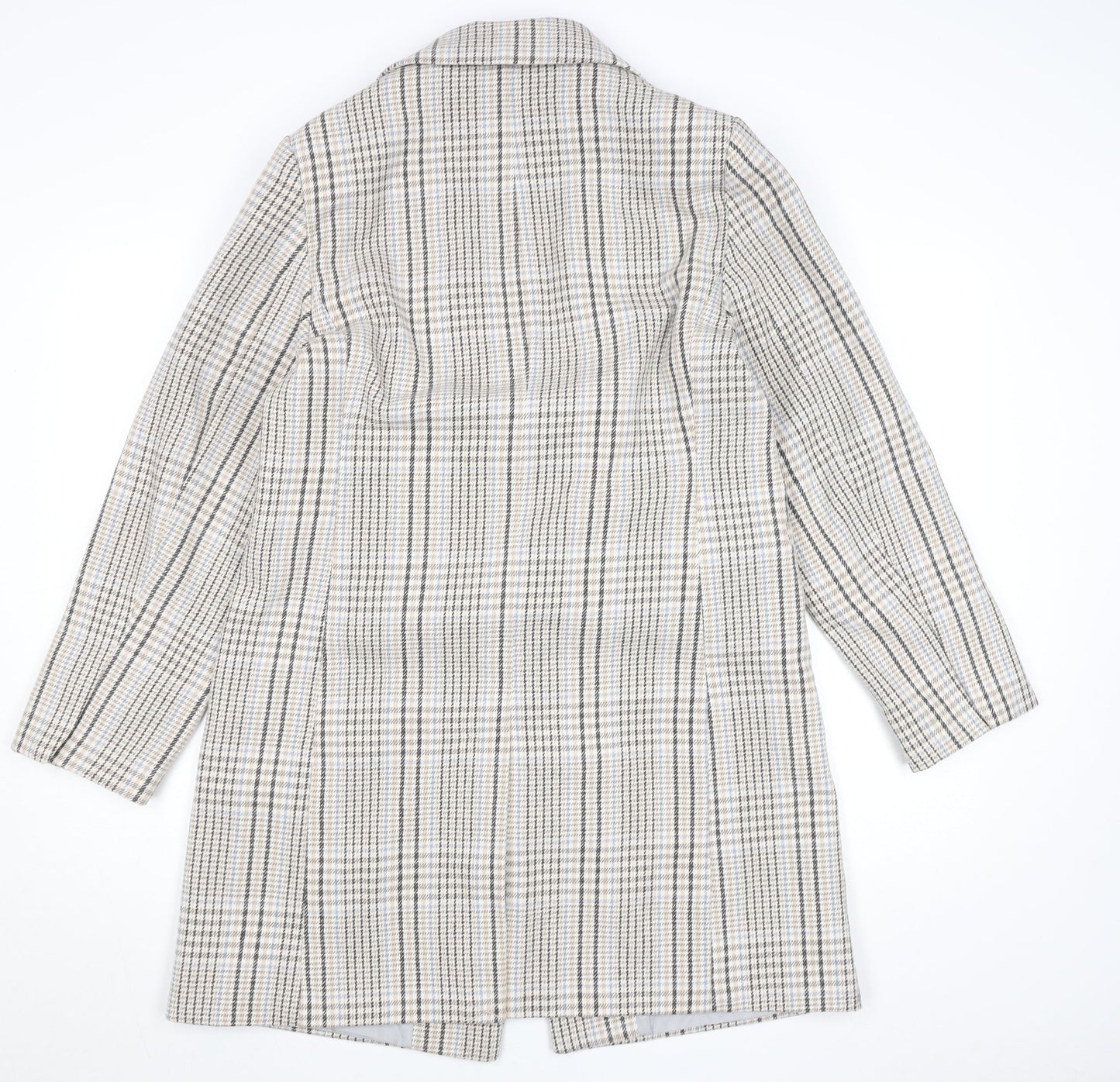 Primark Women Beige Checked Wool Blend Mid-Length Coat Size 12
