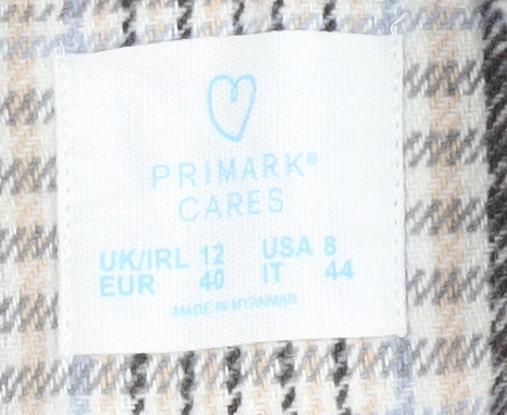 Primark Women Beige Checked Wool Blend Mid-Length Coat Size 12