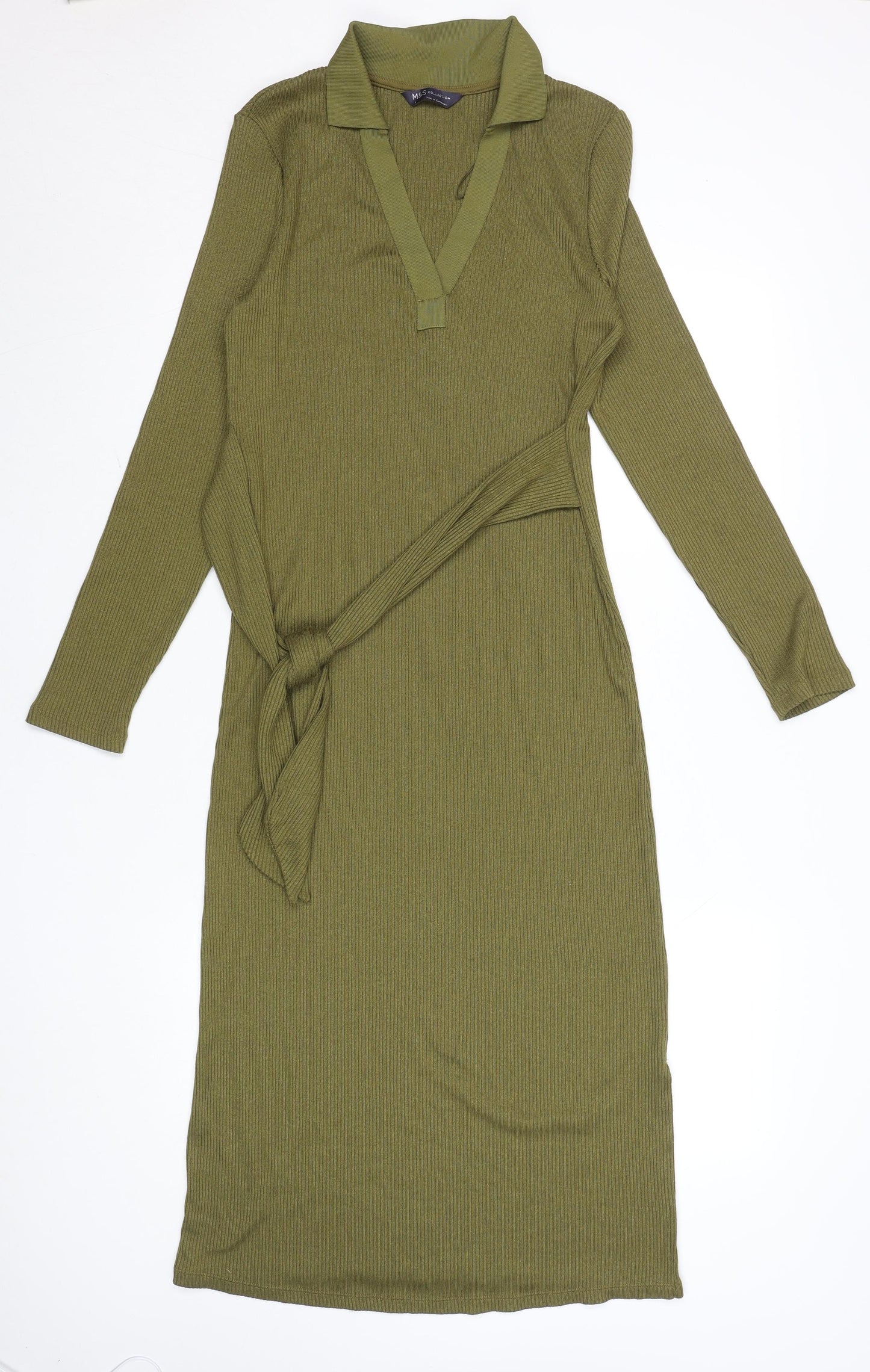 Marks and Spencer Womens Green Size 6 Collared Knit Midi Wrap Dress