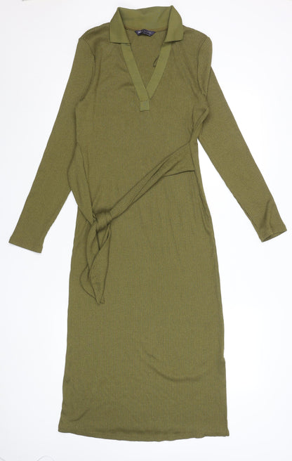 Marks and Spencer Womens Green Size 6 Collared Knit Midi Wrap Dress