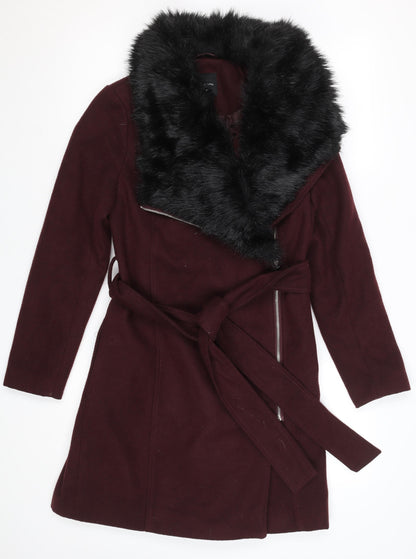 New Look Women’s Brown Faux Fur Trim Belted Trench Coat Size 8