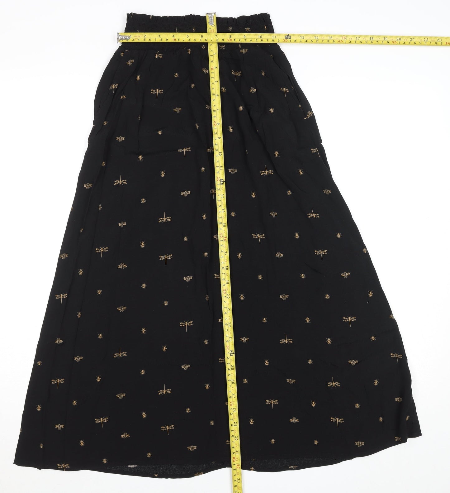 Joules Women's Black Midi A-Line Skirt Size 6 Embroidered Bee Print
