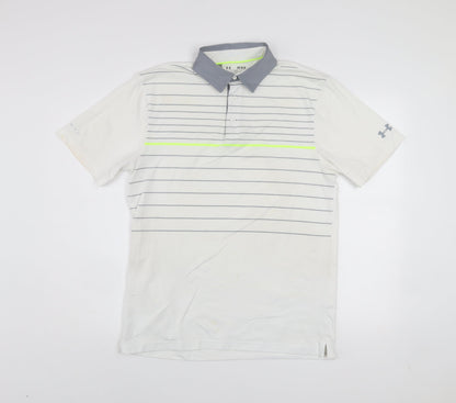 Under Armour Men's White Polo Shirt M Loose Fit HeatGear Striped Golf Top