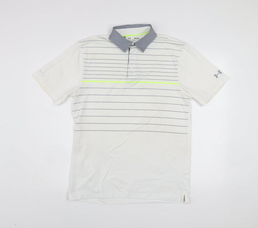Under Armour Men's White Polo Shirt M Loose Fit HeatGear Striped Golf Top