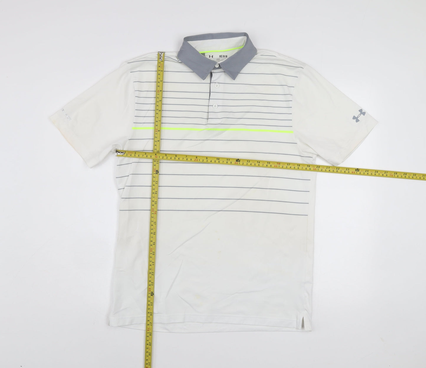 Under Armour Men's White Polo Shirt M Loose Fit HeatGear Striped Golf Top