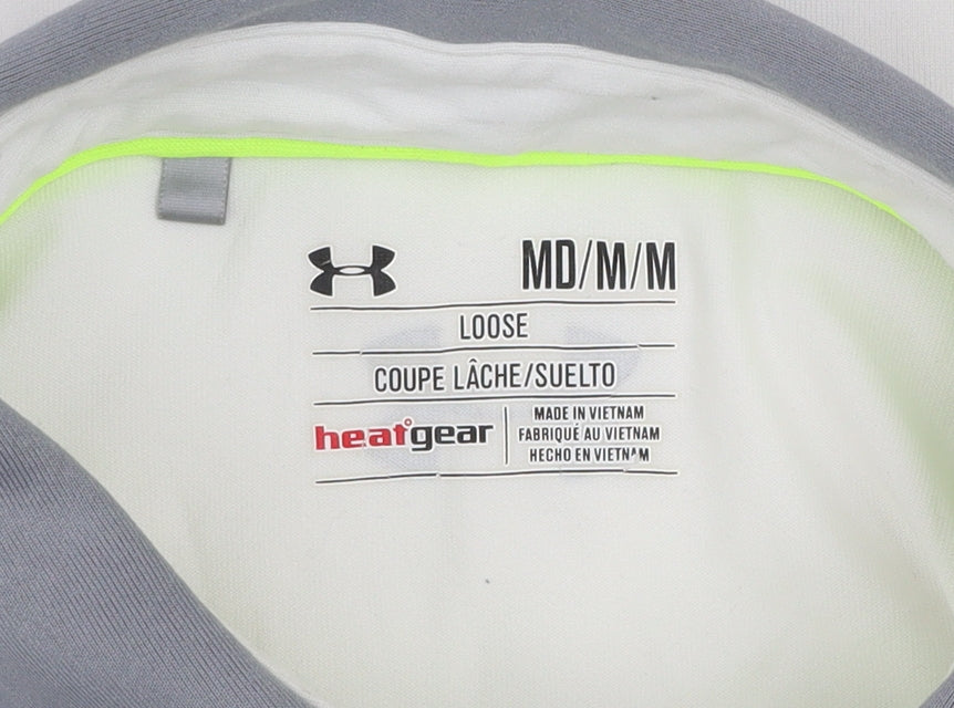 Under Armour Men's White Polo Shirt M Loose Fit HeatGear Striped Golf Top