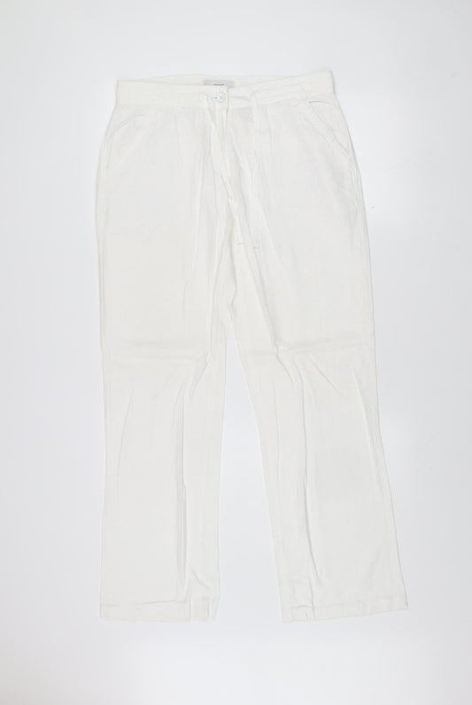 Next Women’s White Linen Blend Drawstring Straight Leg Trousers Size 10