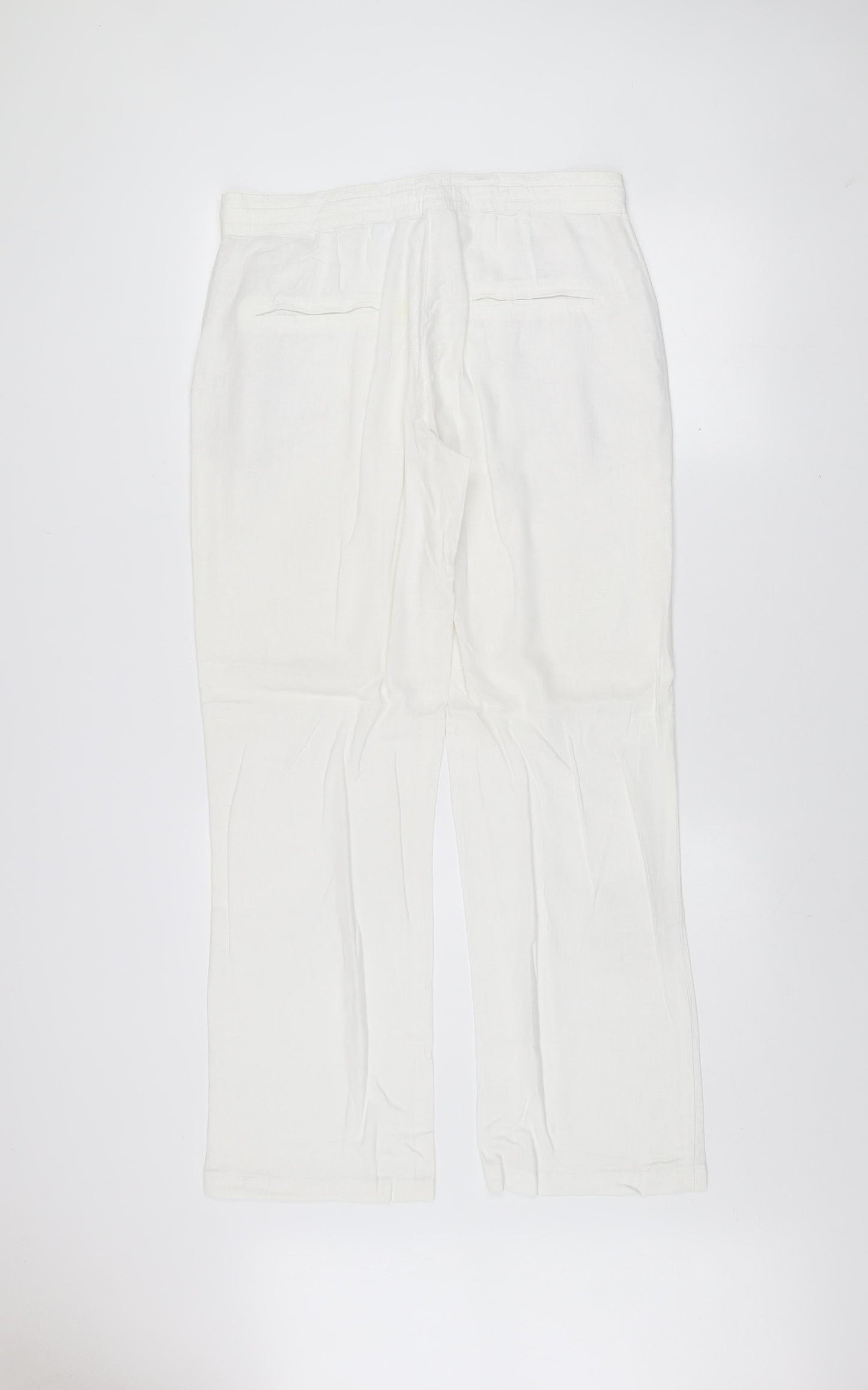 Next Women’s White Linen Blend Drawstring Straight Leg Trousers Size 10