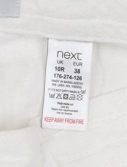 Next Women’s White Linen Blend Drawstring Straight Leg Trousers Size 10