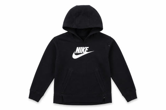 Front view of Nike boys’ black pullover hoodie xs 122-128cm cotton blend logo sweatshirt