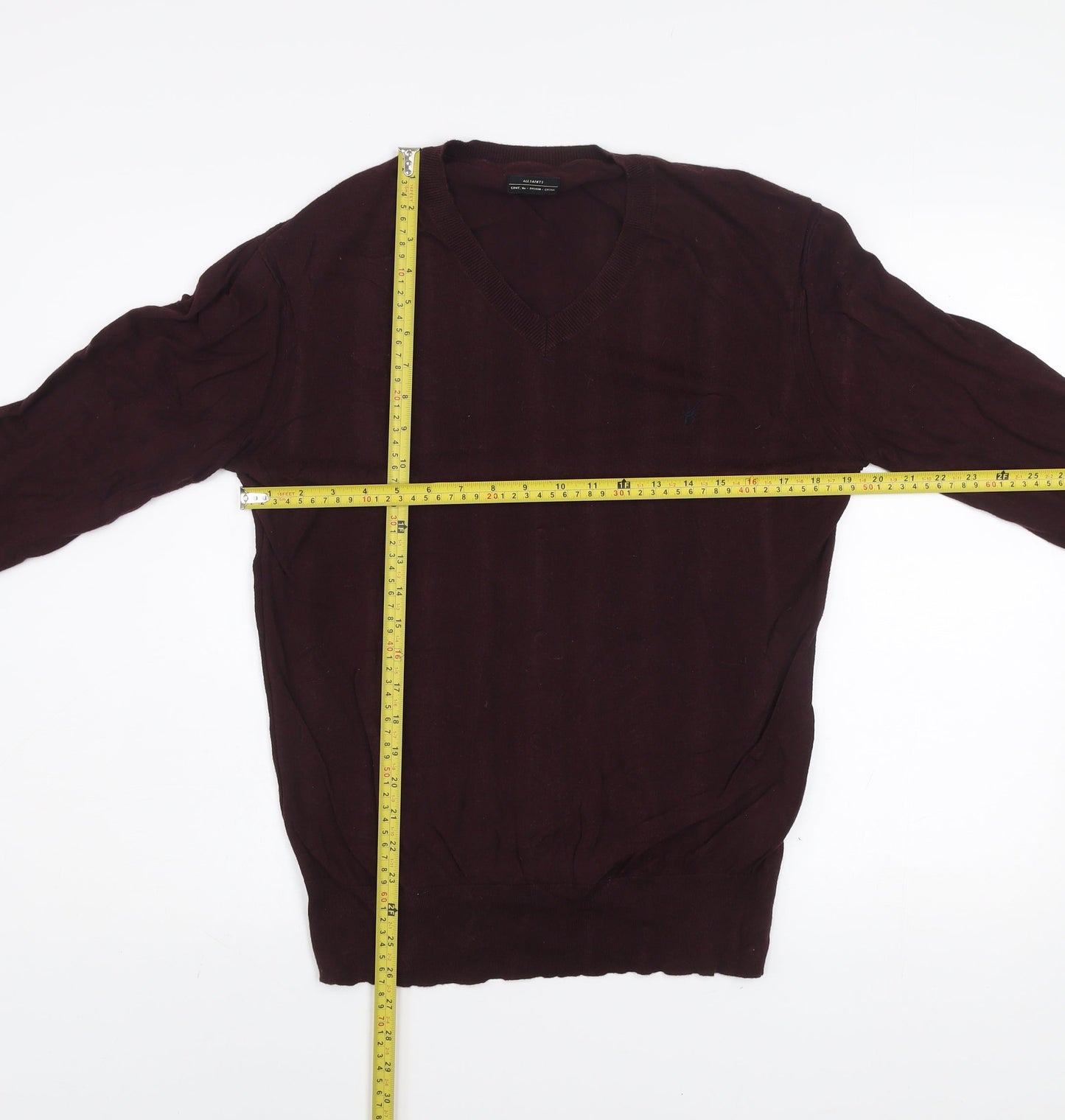 AllSaints Men’s Brown Cotton V-Neck Jumper Size L