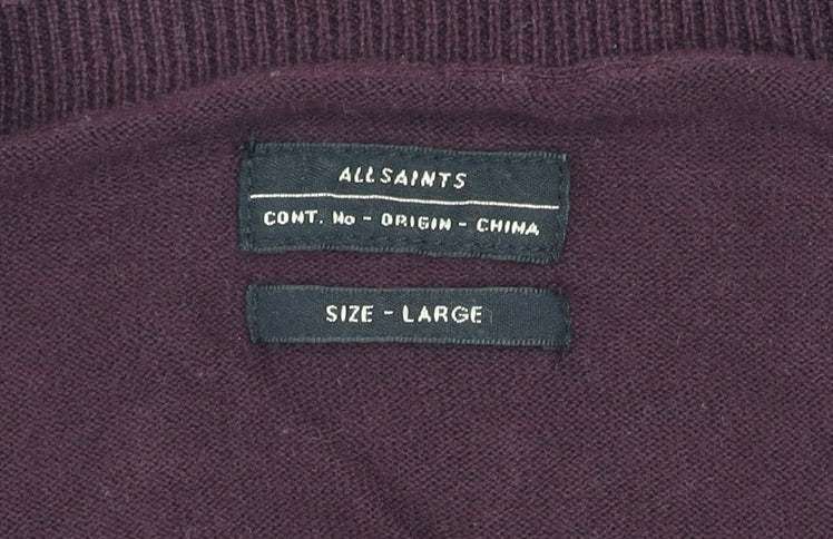 AllSaints Men’s Brown Cotton V-Neck Jumper Size L