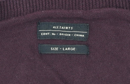 AllSaints Men’s Brown Cotton V-Neck Jumper Size L