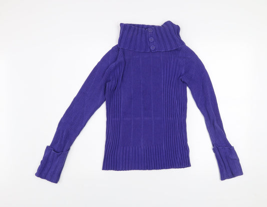 DKNY Jeans Women's Purple Roll Neck Ribbed Cotton Jumper Size M